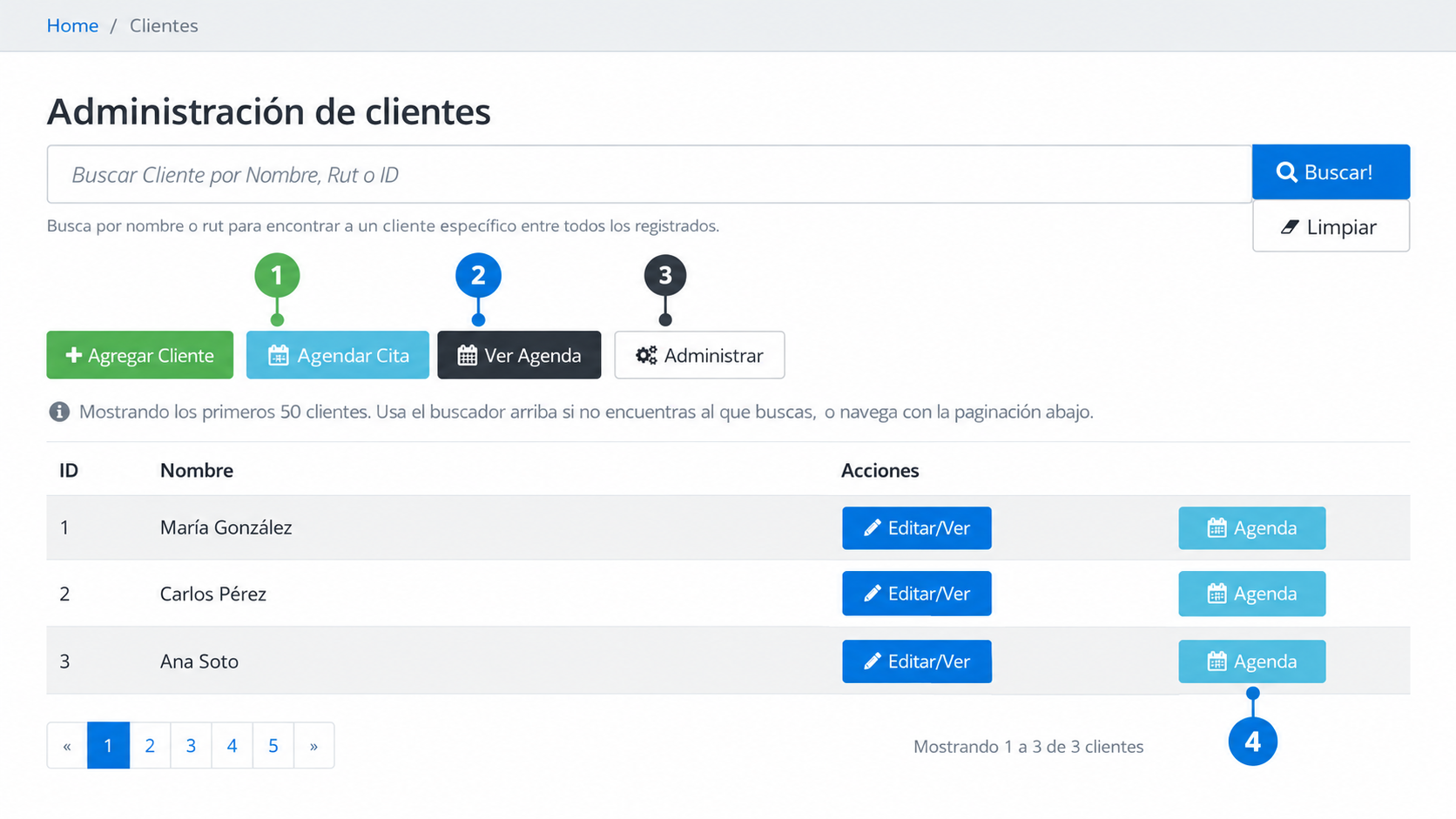Accesos principales a la Agenda desde Clientes