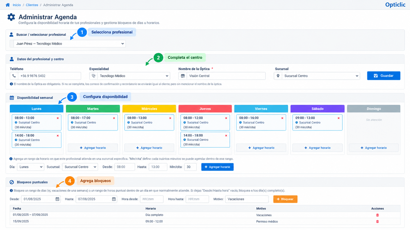 Configuración del profesional, disponibilidad y bloqueos